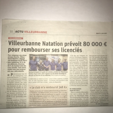 Villeurbanne natation l'article "Le Progrès" du mardi 1er juin 2021